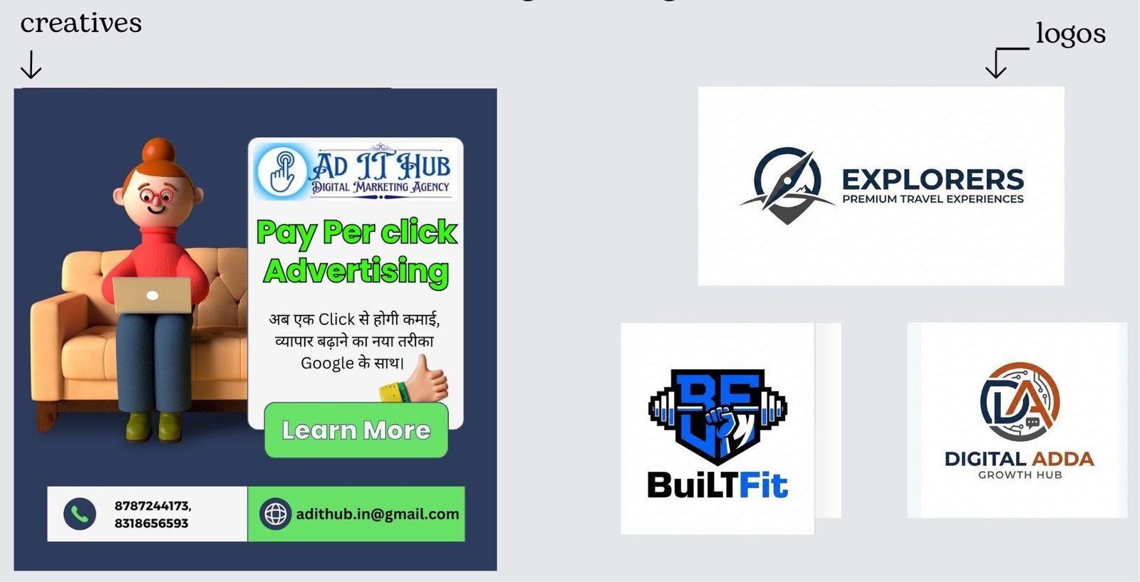 Digital marketing creatives and logo designs created using Canva, adithub